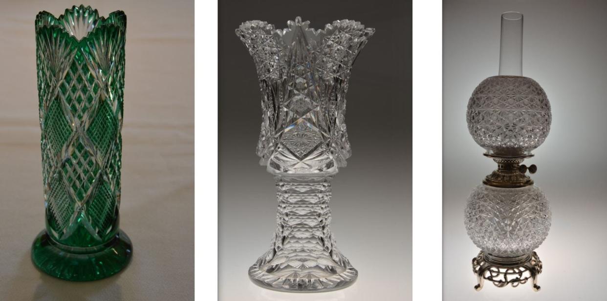 Examples of cut glassware produced by the Dorflinger glass company in White Mills, PA. Christian Dorflinger founded the company in 1865, which operated until 1921.