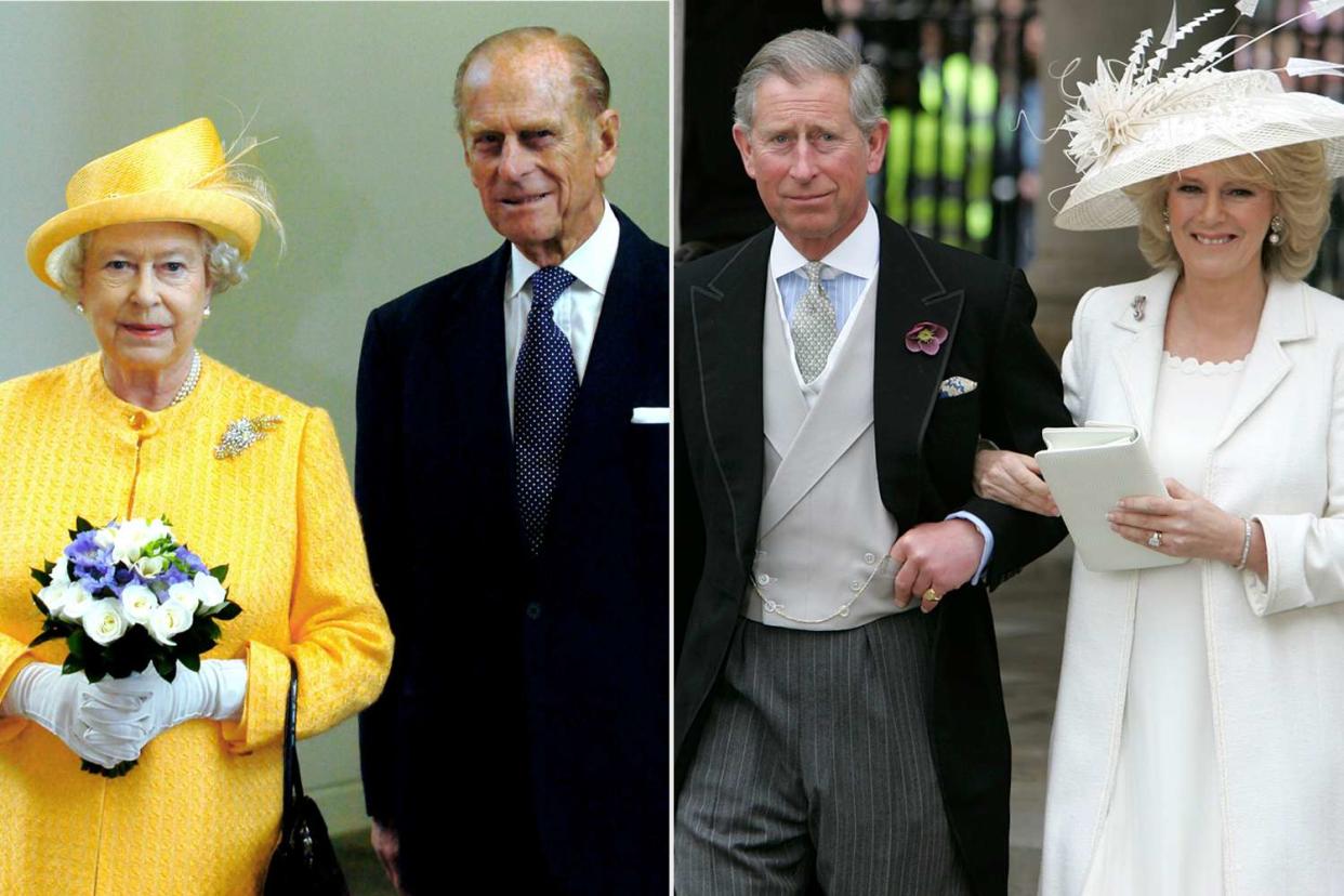 <p>Danny Lawson - PA Images/PA Images via Getty, Georges De Keerle/Getty </p> Queen Elizabeth and Prince Philip at the opening of the new 350 million headquarters of the Bank of Scotland, Edinburgh in September 2005; Prince Charles and Camilla, Duchess of Cornwall leave the civil ceremony at The Guildhall, Windsor on April 9, 2005.