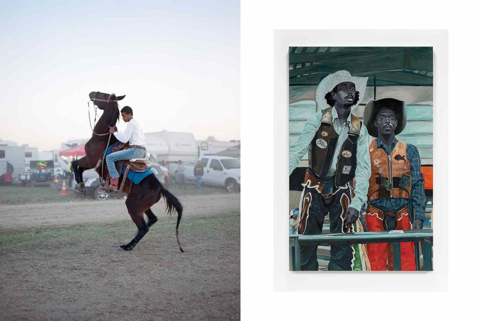 <p>Akasha Rabut/Courtesy of Museum of Contemporary Art Denver; OTIS KWAME QUAICOE/ALMINE RECH/HUGARD & VANOVERSCHELDE/COURTESY OF MUSEUM OF CONTEMPORARY ART DENVER</p> Trail Rider at Sunset, a photograph by Akasha Rabut; Rodeo Boys, an oil and fabric canvas by Otis Kwame Quaicoe.