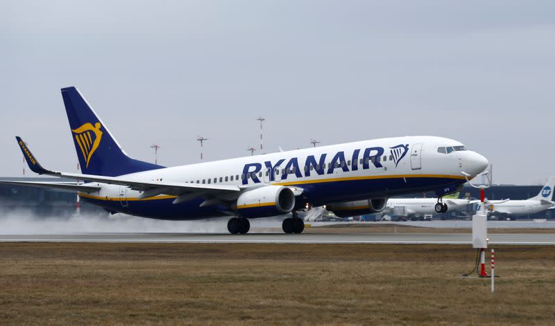 FILE PHOTO: A Ryanair Boeing 737 plane takes off at the Riga International Airport