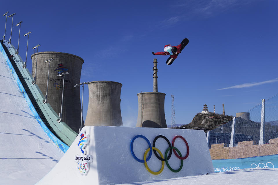 Max Parrot of Canada competes during the men's snowboard big air qualifications of the 2022 Winter Olympics, Monday, Feb. 14, 2022, in Beijing. (AP Photo/Jae C. Hong)