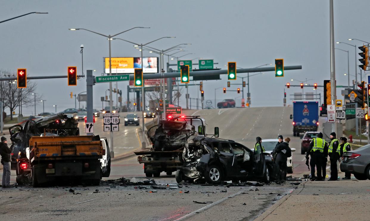 Three adults were killed after a fiery crash involving 10 vehicles including a Milwaukee Department of Public Works truck took place near Mayfair Road and Wisconsin Avenue on Tuesday.