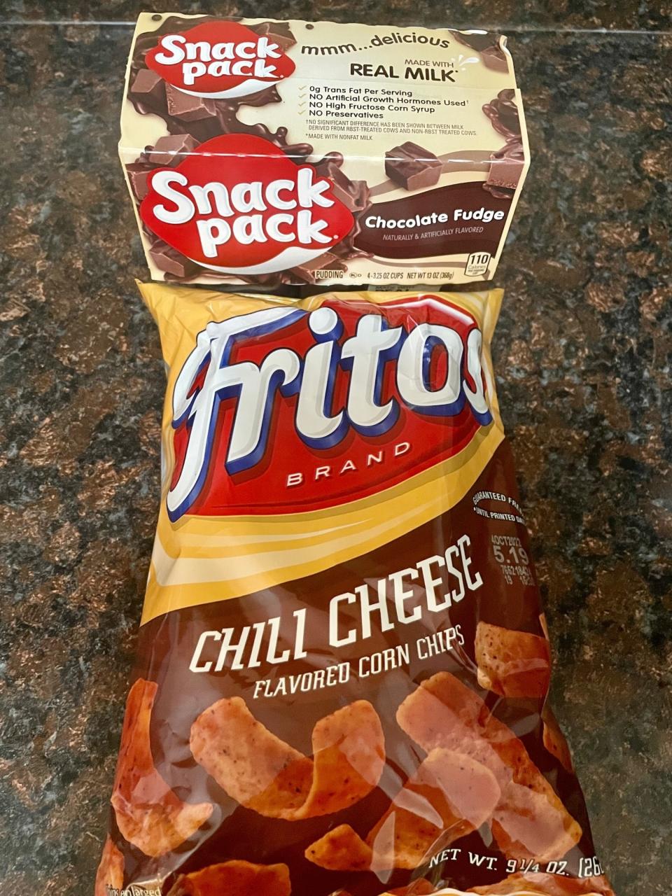 Chili Cheese Fritos and pudding