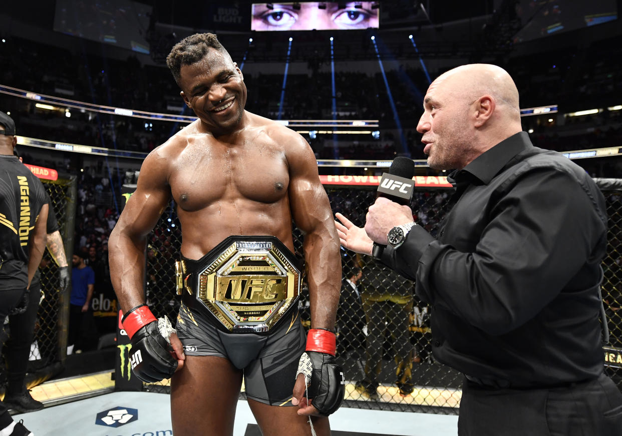 ANAHEIM, CALIFORNIA - JANUARY 22: Francis Ngannou of Cameroon celebrates after his victory over Ciryl Gane of France in their UFC heavyweight championship fight during the UFC 270 event at Honda Center on January 22, 2022 in Anaheim, California. (Photo by Chris Unger/Zuffa LLC)