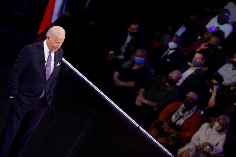 U.S. President Joe Biden participates in a town hall with CNN's Anderson Cooper in Baltimore