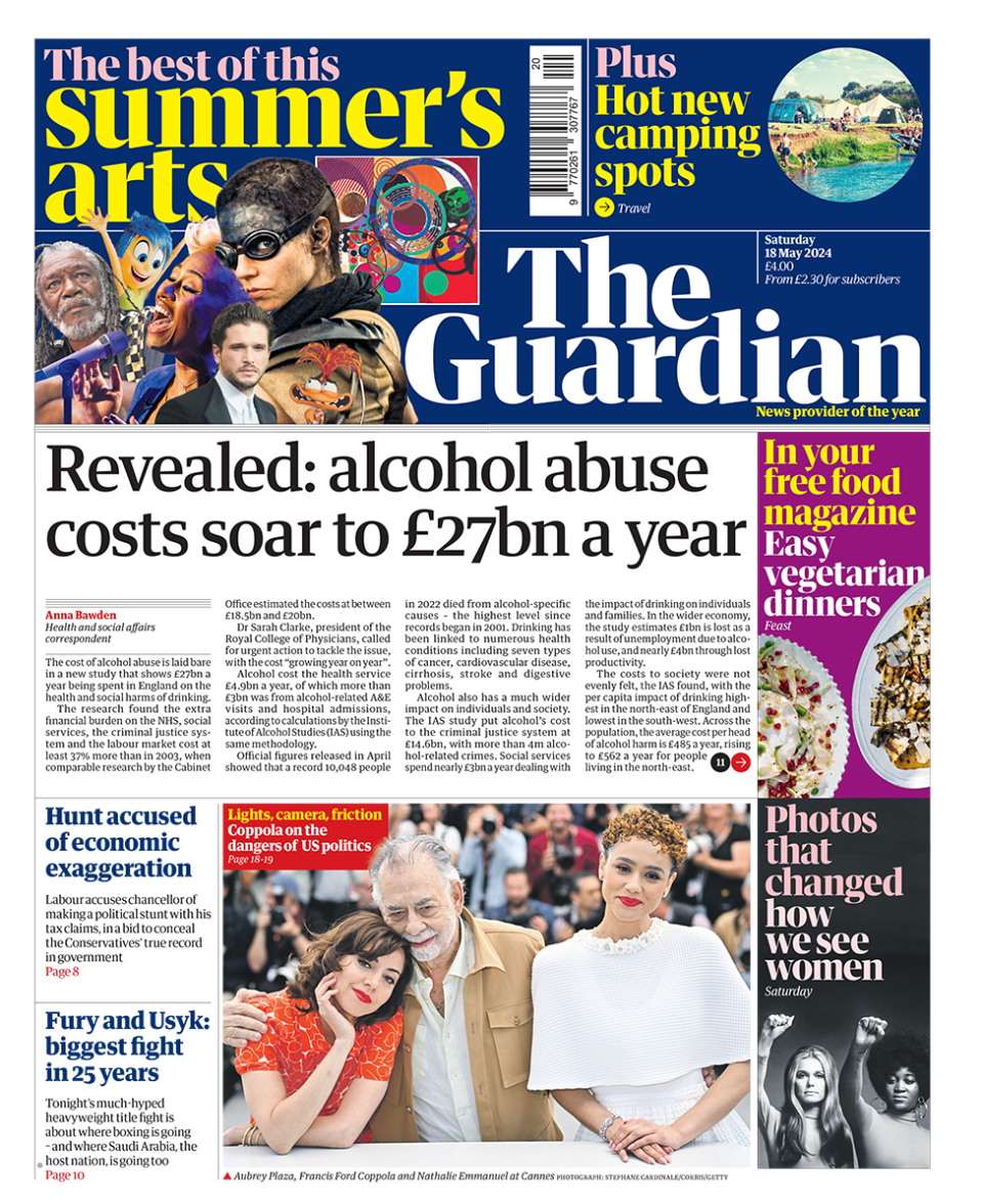 The headline in the Guardian reads: "Revealed: alcohol abuse costs soar to £27bn a year". 