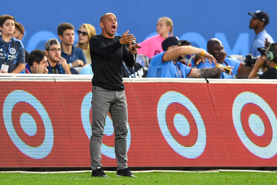 Aug 24, 2019; New York, NY, USA; New York Red Bulls Head Coach Chris Armas reacts during the first half against the New York City FC at Yankee Stadium. Mandatory Credit: Dennis Schneidler-USA TODAY Sports