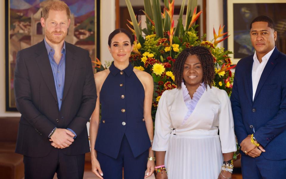 The Duke and Duchess of Sussex with Vice President Francia Marquez and her husband Yerney Pinillo on the first day of their visit to Colombia