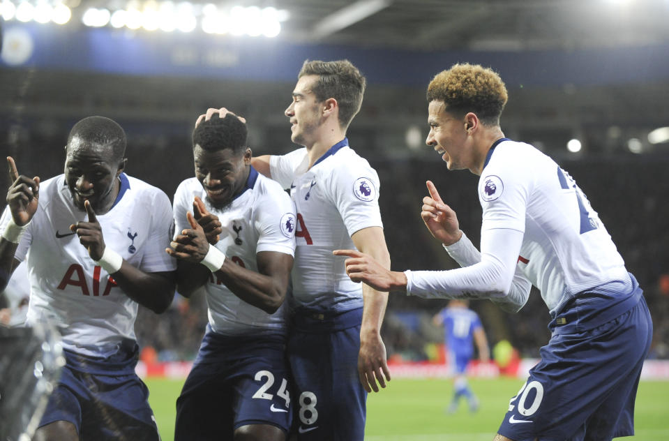 Tottenham's players celebrate after scoring their side's second goal during the English Premier League soccer match between Leicester City and Tottenham Hotspur at the King Power Stadium in Leicester, England, Saturday, Dec. 8, 2018. (AP Photo/Rui Vieira)