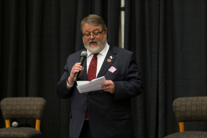 Colin Jack, a candidate running for Utah House District 73 this year, speaks during a debate hosted by the Washington County Republican Party for local candidates ahead of the upcoming primary election. Jack&#39;s opponent for the GOP nomination, Nina Barnes, did not attend. The debates were held at the Dixie Convention Center in St. George on Tuesday, May 17, 2022.