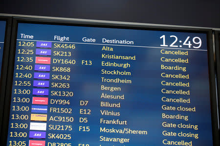 An information board displays cancelled flights as SAS pilots go on strike at Oslo Airport in Gardermoen, Norway April 26, 2019. NTB Scanpix/Ole Berg-Rusten via REUTERS ATTENTION EDITORS - THIS IMAGE WAS PROVIDED BY A THIRD PARTY. NORWAY OUT. NO COMMERCIAL OR EDITORIAL SALES IN NORWAY.
