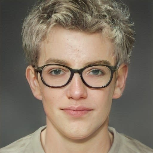 He's described as having blonde hair, gray eyes, and glasses that make him look like Harry Potter. He's 16 years old.