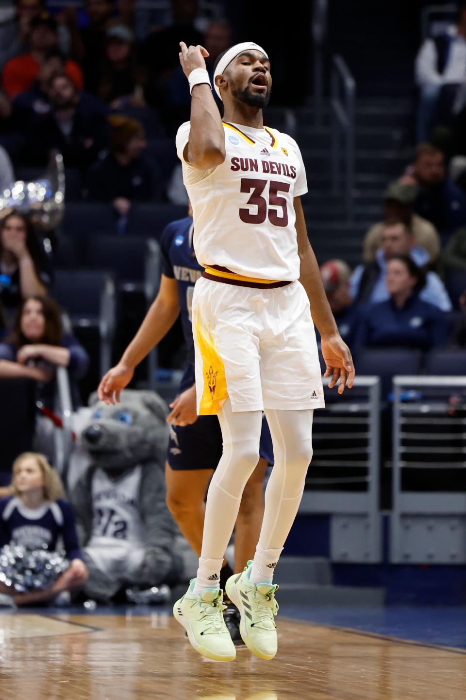 Arizona State Sun Devils guard Devan Cambridge (35) celebrates a play in the first half against the Nevada Wolf Pack at UD Arena in Dayton on March 15, 2023.