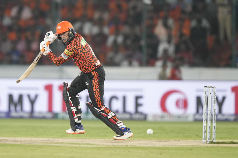 Sunrisers Hyderabad's Abhishek Sharma plays a shot during the Indian Premier League cricket match between Sunrisers Hyderabad and Lucknow Super Giants in Hyderabad, India, Wednesday, May 8, 2024. (AP Photo/Mahesh Kumar A.)