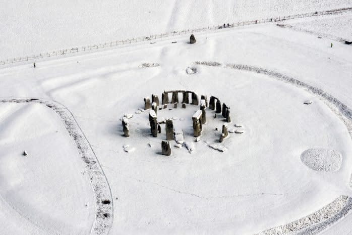 aerial view of Stonehenge in the Snow during winter