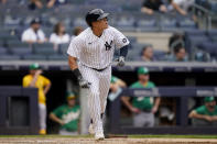 New York Yankees' Gio Urshela runs the bases after hitting a go-ahead solo home run off Oakland Athletics relief pitcher Jesus Luzardo in the eighth inning of a baseball game, Saturday, June 19, 2021, in New York. (AP Photo/John Minchillo)