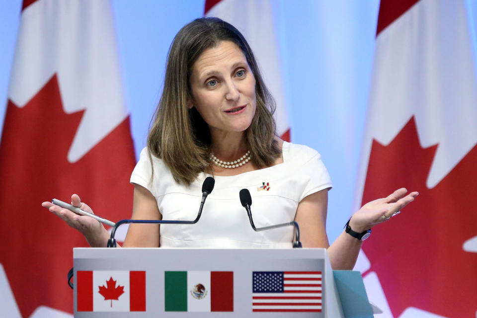 Canadian Foreign Minister Chrystia Freeland addresses the media to close the second round of NAFTA talks involving the United States, Mexico and Canada at Secretary of Economy headquarters in Mexico City, Mexico, September 5, 2017. (Reuters)