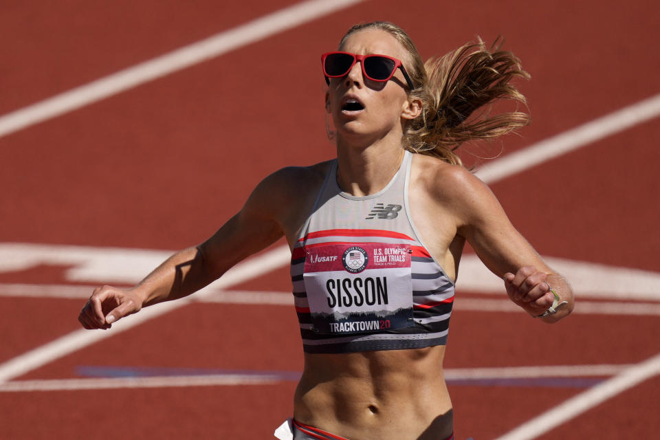 Emily Sisson wins the women's 10000-meter run at the U.S. Olympic Track and Field Trials Saturday, June 26, 2021, in Eugene, Ore. (AP Photo/Charlie Riedel)