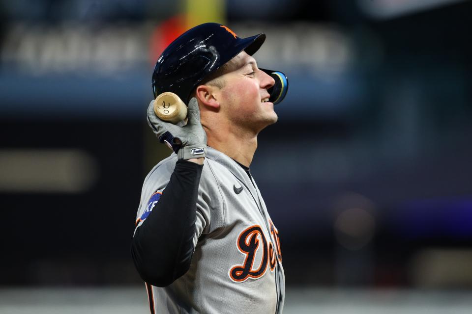 Tigers first baseman Spencer Torkelson reacts to striking out in the seventh inning of the Tigers' 5-0 loss to the Twins on Wednesday, April 27, 2022, in Minneapolis.