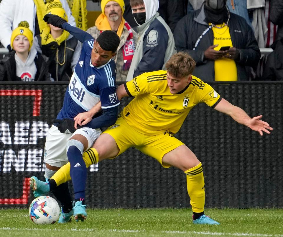 "There's definitely a little more edge that all the guys play with," Crew midfielder Aidan Morris, right, said of playing at Lower.com Field.