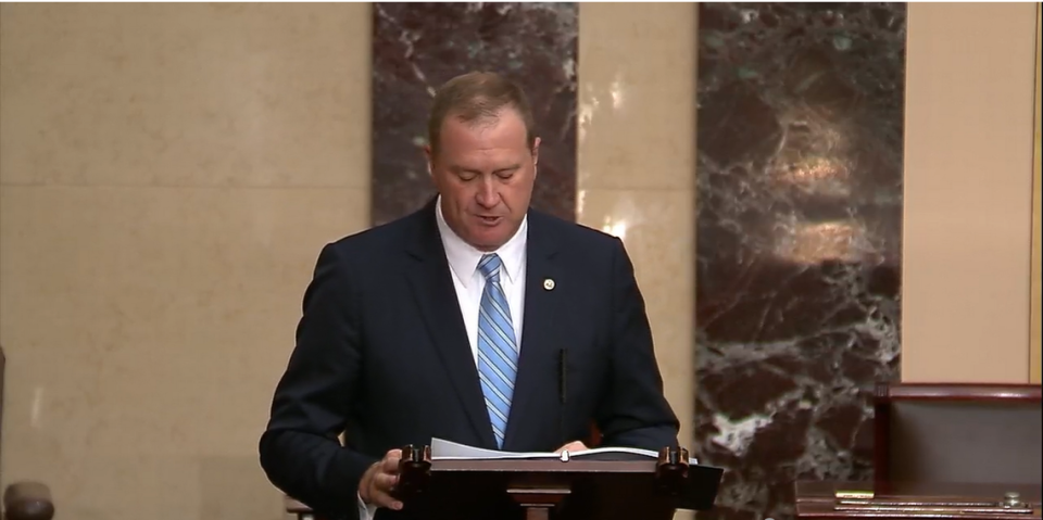 Sen. Eric Schmitt gives his maiden speech in the U.S. Senate, saying he wanted to take power back from the executive branch and give it to Congress, in Washington, D.C. on June 13, 2023.