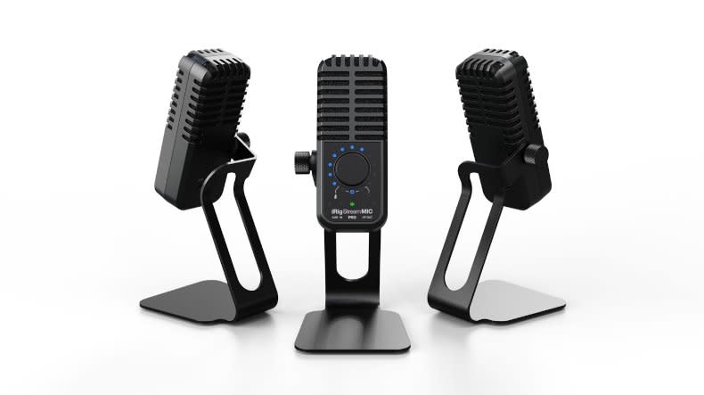 Three IK Multimedia iRig Stream Mic Pro models at different angles