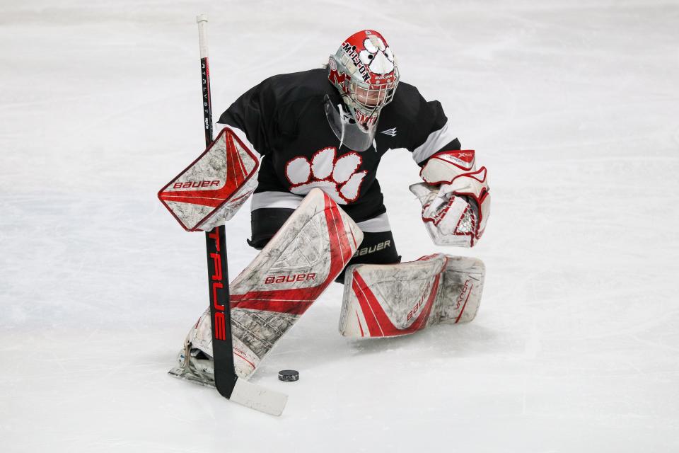 Milton goaltender Lila Chamoun makes a save during a game against Pembroke in the Division 2 Sweet 16 at Hobomock Arena in Pembroke on Saturday, March 2, 2024.