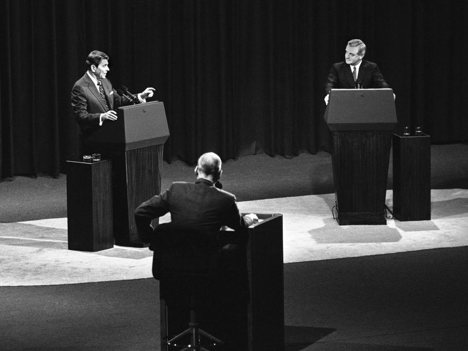 President Ronald Reagan on stage debating Democratic presidential nominee Walter Mondale in Kansas City in October, 1984.