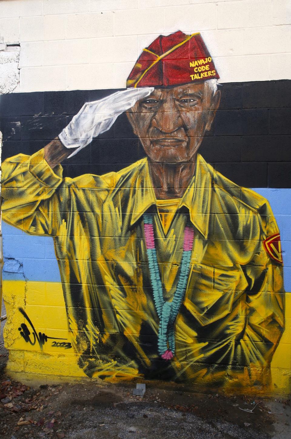 A Navajo code talker mural by Ivan Lee is featured in the nearly completed pocket park behind the HEart Gallery in downtown Farmington.