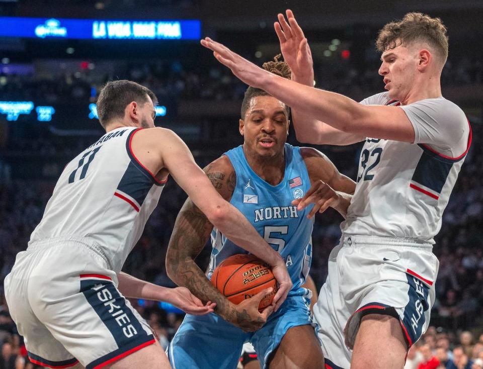 North Carolina’s Armando Bacot (5) had 13 points and 13 rebounds in the Tar Heels’ 87-76 loss to Connecticut on Dec. 5 in the Jimmy V Classic at Madison Square Garden in New York City.