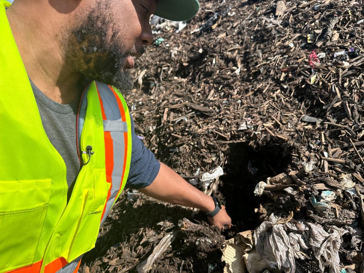 Chris Vaughn, Yellowknife's manager of solid waste and sustainability, digs into a pile of curing compost at the city's landfill.  (Liny Lamberink/CBC - image credit)