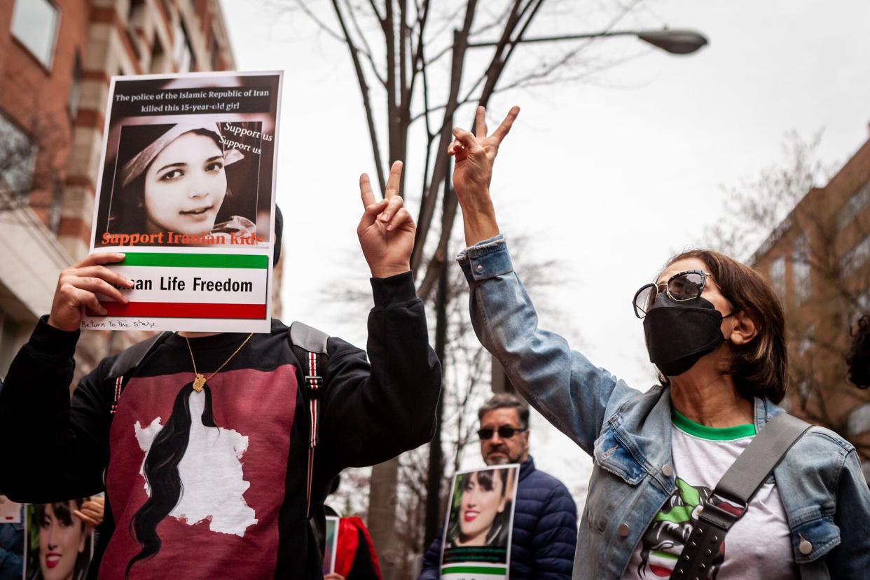 People participate in a protest at the Interests Section of the Islamic Republic of Iran against the poisonings of school girls in Iran. The attacks have taken place over the last few months, sending hundreds of girls to the hospital in at least ten cities. Protest against poisonings of girls in Iran, Washington, United States - 02 Mar 2023
