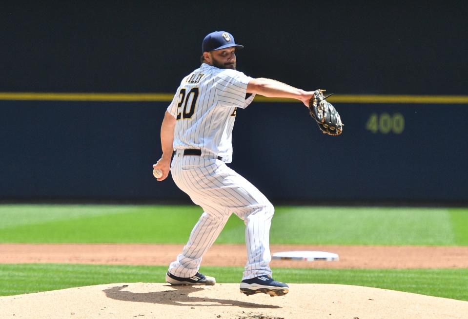 Brewers starter Wade Miley tossed dominant innings against the Reds on Sunday, allowing just four hits with three walks and eight strikeoutus.