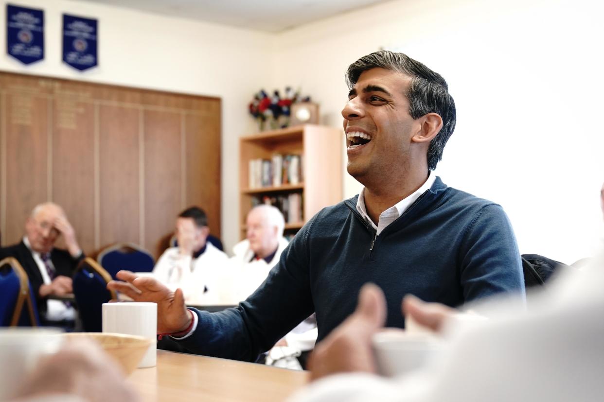 Prime Minister Rishi Sunak meets club members during a visit to Market Bosworth Bowling Club, while on the General Election campaign trail. Picture date: Tuesday May 28, 2024.