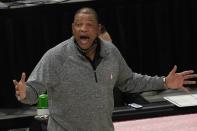 Philadelphia 76ers head coach Doc Rivers reacts during the first half of an NBA basketball game against the Milwaukee Bucks Saturday, April 24, 2021, in Milwaukee. (AP Photo/Morry Gash)