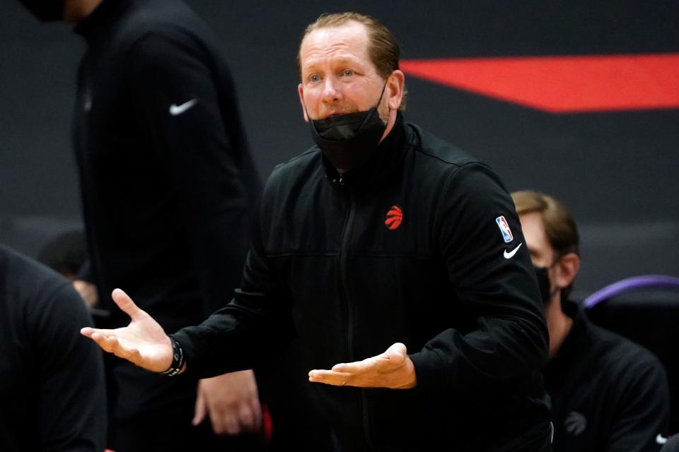 Toronto Raptors head coach Nick Nurse questions a foul call during a game against the Utah Jazz.