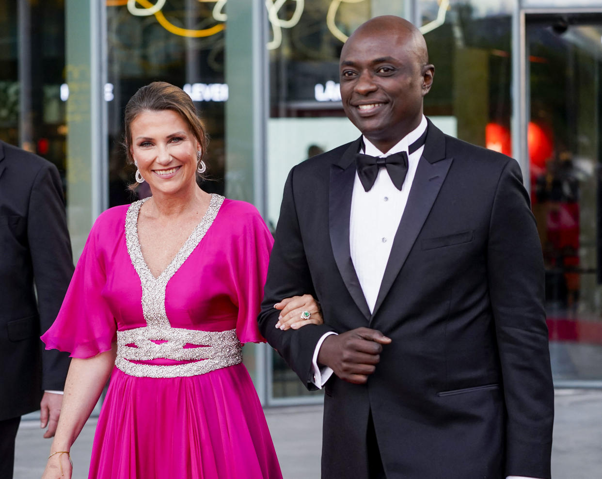 This picture taken on June 16, 2022 shows Norway's Princess Martha Louise (L) and her American fiancé Durek Verrett after the government's festive event in connection with Princess Ingrid Alexandra's official day, which was held at Deichman Bjorvika, Oslo's main library. Norway's Princess Martha Louise, the eldest daughter of the Norwegian royal couple, and her American fiancé Durek Verrett, a self-proclaimed 