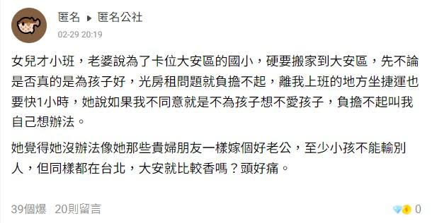 老婆為卡位大安區國小，要求搬家到大安區。（圖／翻攝自匿名公社）