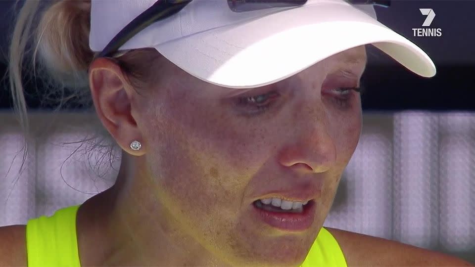 Rodionova was devastated to be forced off the court. Pic: Channel 7