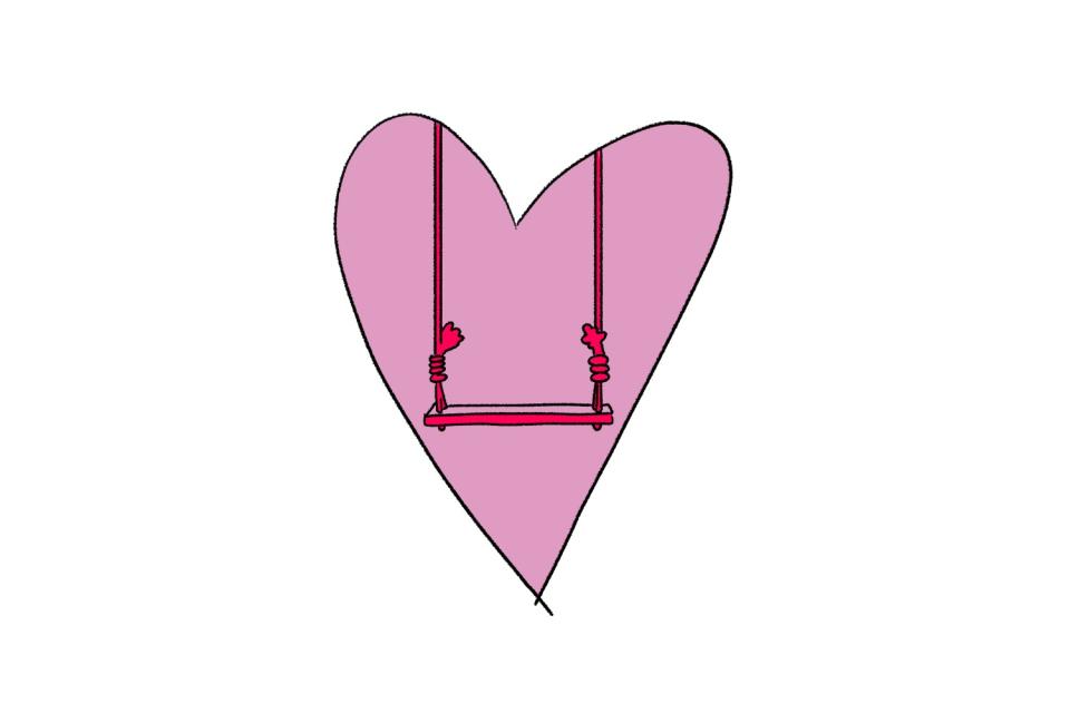 An illustration of a heart with a rope swing made for two.