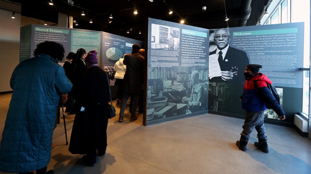 As visitors enter the America’s Black Holocaust Museum the first exhibit they see is of museum founderDr. James Cameron. America's Black History Museum reopened to the public during a ceremony on February 25, 2022. The new gallery presents a chronological journey through more than 400 years of African American history from pre-captivity to the present.