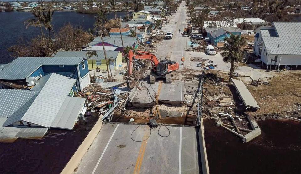 The Matlacha bridge damaged during Hurricane Ian begins to be repaired on Tuesday, Oct. 4, 2022.