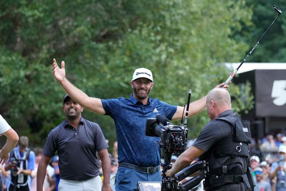 Dustin Johnson, celebrating his putt in a playoff that enabled him to win the LIV Golf Invitational Sunday in Boston, leads the LIV money list with $9,962,500.