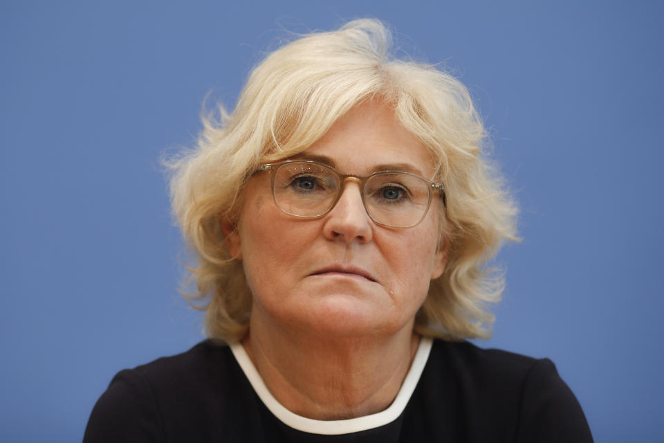 German Justice Minister Christine Lambrecht attends a news conference on a package of measures against far-right extremism and anti-Semitism in Berlin, Germany, Wednesday, Oct. 30, 2019. Chancellor Angela Merkel's Cabinet signed off Wednesday on the tightening of gun laws, stricter persecution of hate crime online, and more financial support for initiatives fighting anti-Semitism and far-right extremism. (AP Photo/Markus Schreiber)