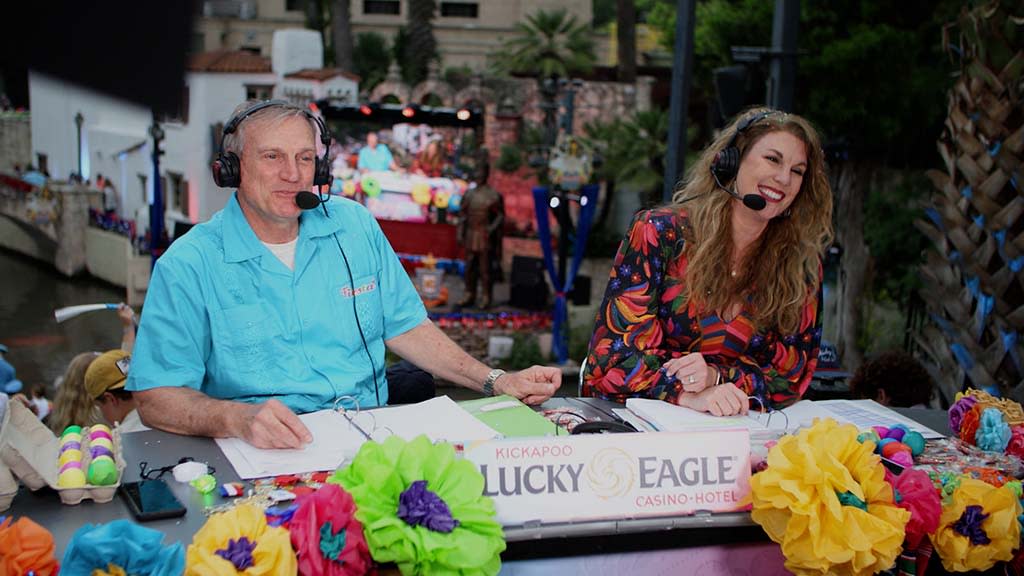  KSAT anchors David Sears and Myra Arthur deliver the news from San Antonio's giant Fiesta event. . 