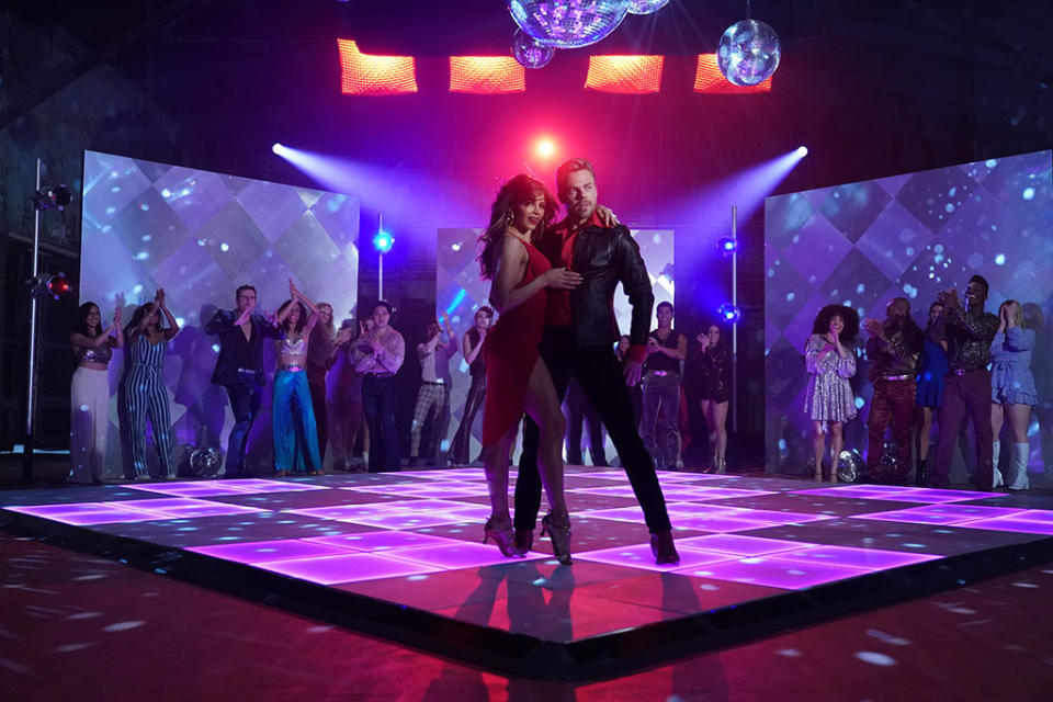 Jenna Dewan re-creates a dance scene in “Saturday Night Fever” for “Step Into…The Movies with Derek and Julianne Hough.” - Credit: ABC
