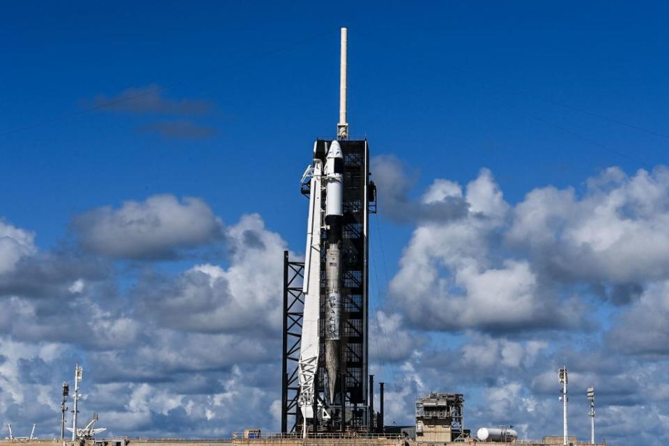 The SpaceX Falcon 9 rocket and Crew Dragon is seen sitting on launch Pad 39A at NASAs Kennedy Space Center as it is prepared for the first completely private mission to fly into orbit in Cape Canaveral, Florida on September 15, 2021.<span class="copyright">Chandan Khanna—AFP/Getty Images</span>