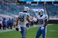 Detroit Lions running back Adrian Peterson (28) celebrating during a NFL football game against the Jacksonville Jaguars on Sunday, Oct. 18, 2020 in Jacksonville, FL. The Lions defeated the Jaguars 34-16 (Detroit Lions via AP).