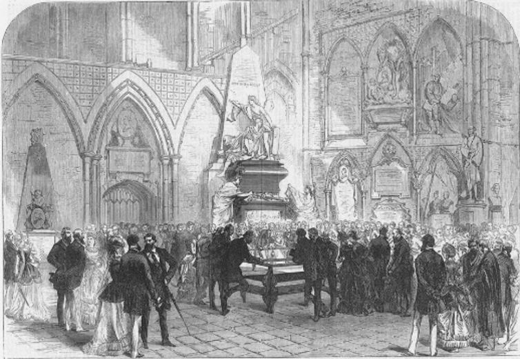 <span class="caption">‘The Grave of Charles Dickens in Poets’ Corner, Westminster Abbey Illustrated London News, June 1870.</span> <span class="attribution"><a class="link " href="https://dickensmuseum.com/" rel="nofollow noopener" target="_blank" data-ylk="slk:Leon Litvack;elm:context_link;itc:0;sec:content-canvas">Leon Litvack</a></span>
