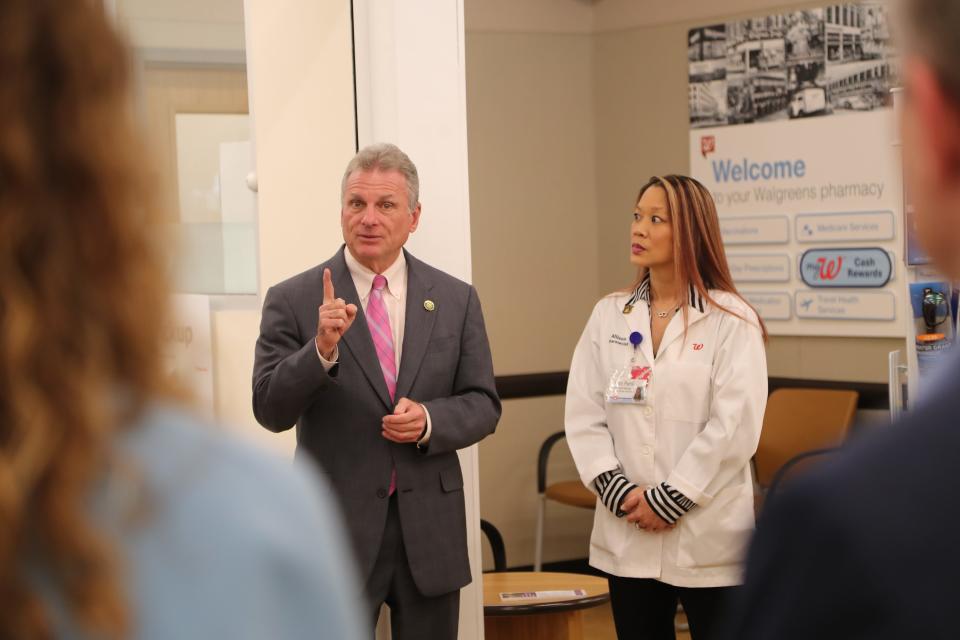 Congressman Buddy Carter talks with representatives from Walgreens about efforts to make Naloxone, and overdose reversal medication, more available to the public during a visit to the Walgreen at Habersham Village on Monday, March 25, 2024.